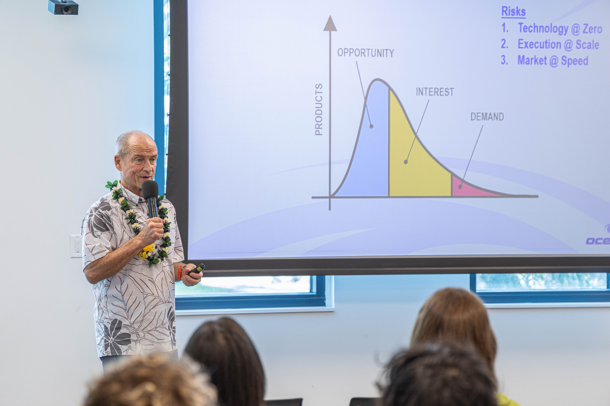 Patrick Sullivan speaking in front of a room of students in front of a graph showing Hawaii's economic opportunity