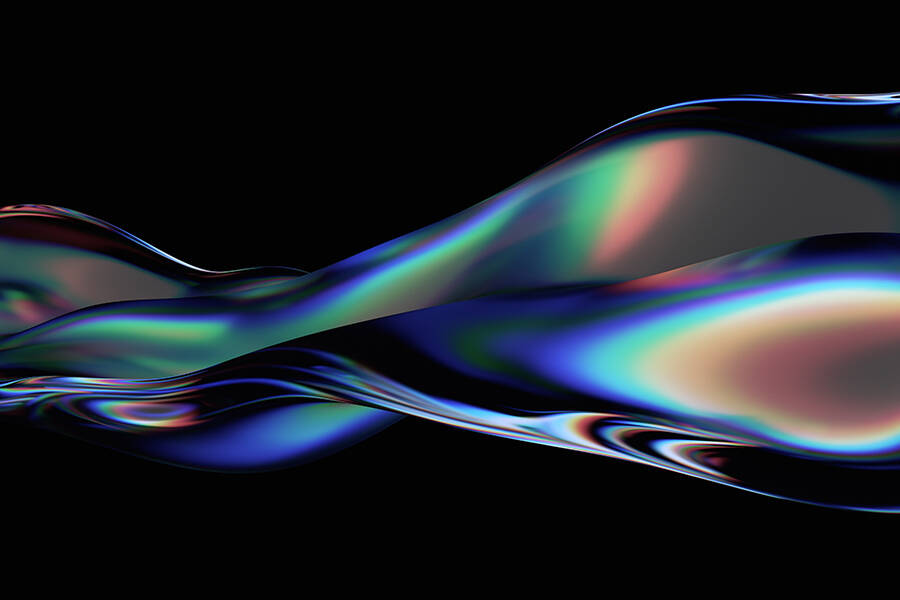 A ribbon of iridescent liquid across a black background